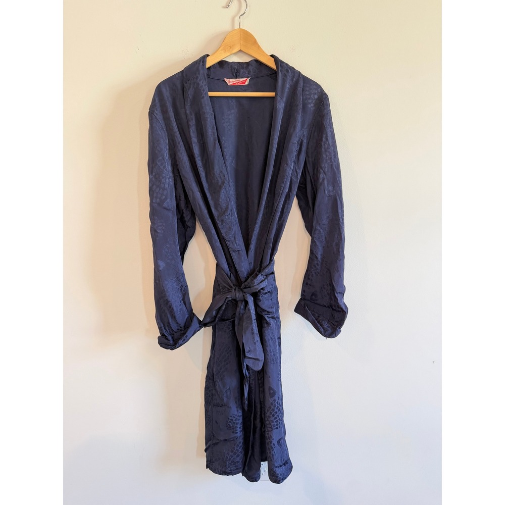 Vintage 50s Graymoor Fashion Navy Blue Jacquard Satin Robe Shawl Collar Belted
